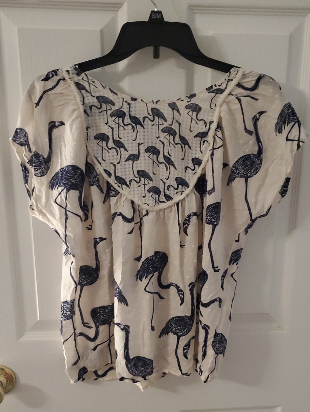 Corey Lynn Calter Cream Blouse with Navy Flamingo Print